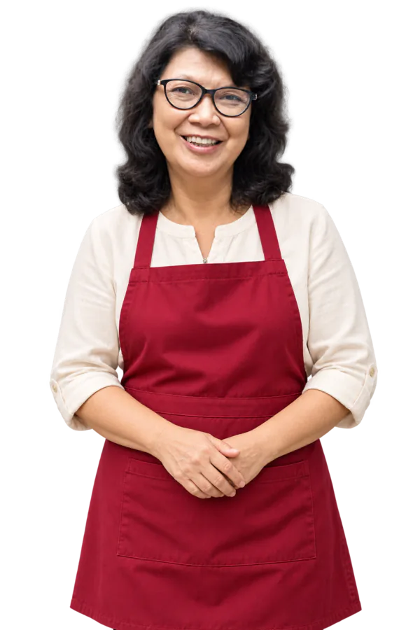 May Hsiang, berkacamata hitam dan bercelemek merah, tersenyum lebar